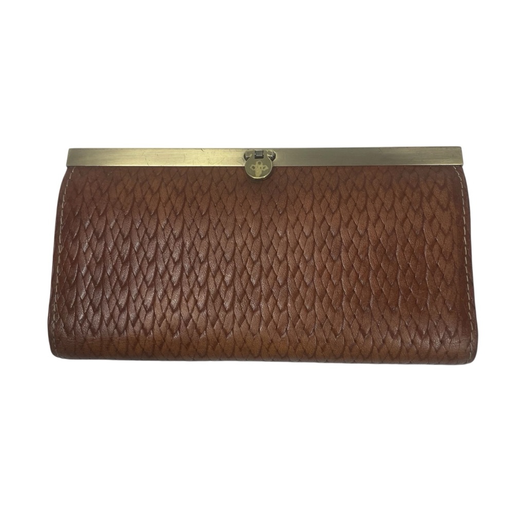 Patricia Nash Cauchy Metal Frame Wallet Woven Leather Cognac Brown